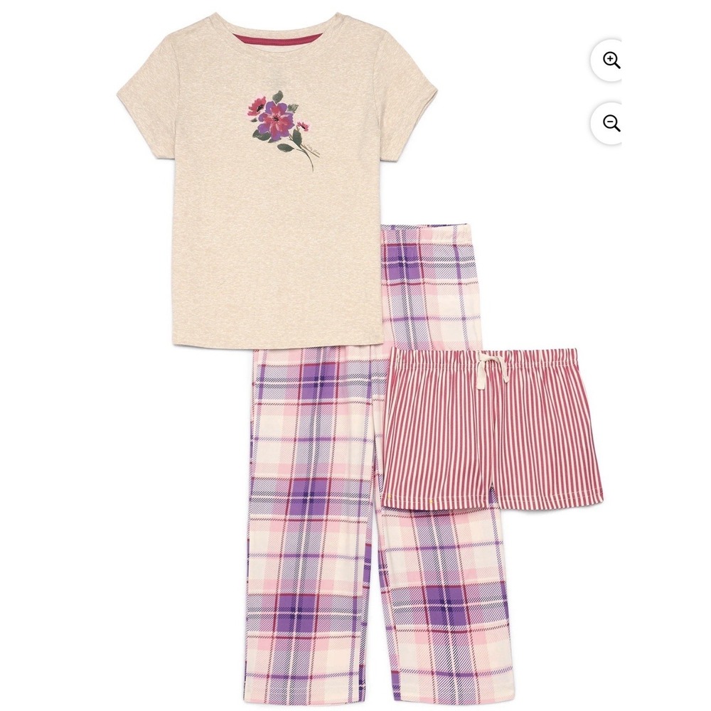 Wonder Nation Girls 3 Piece Pajama Set Flower Plaid Stripe XS 4-5 NWT